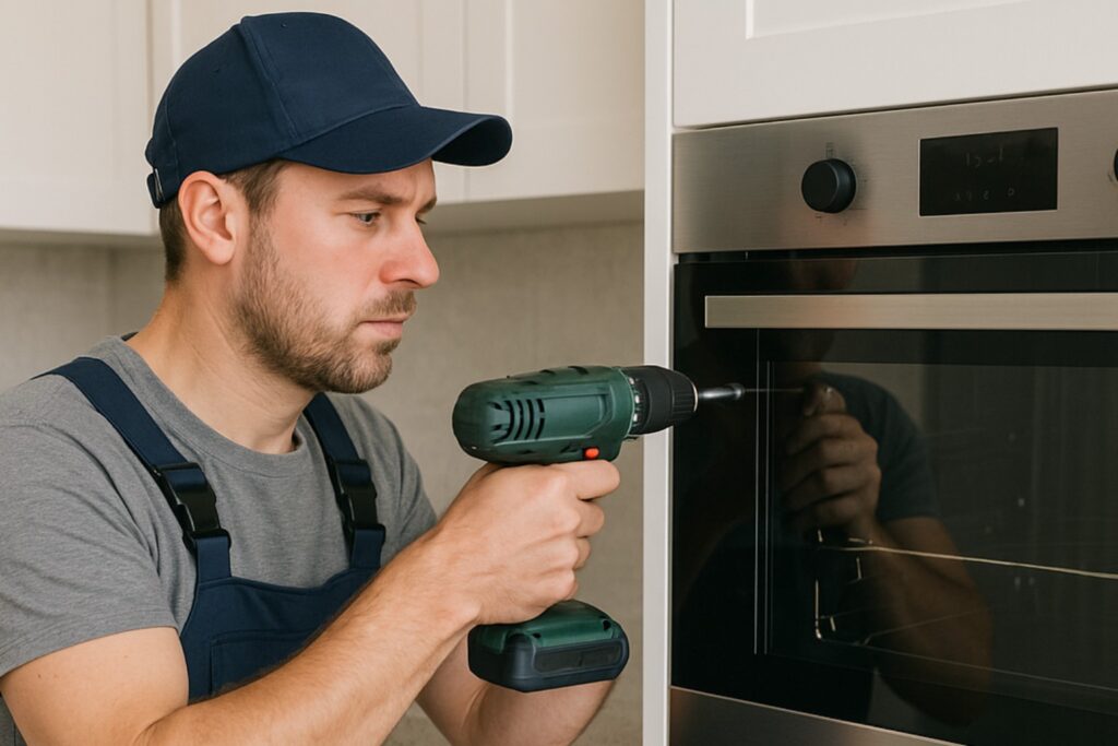 Installing a kitchen appliance like a dishwasher or oven.