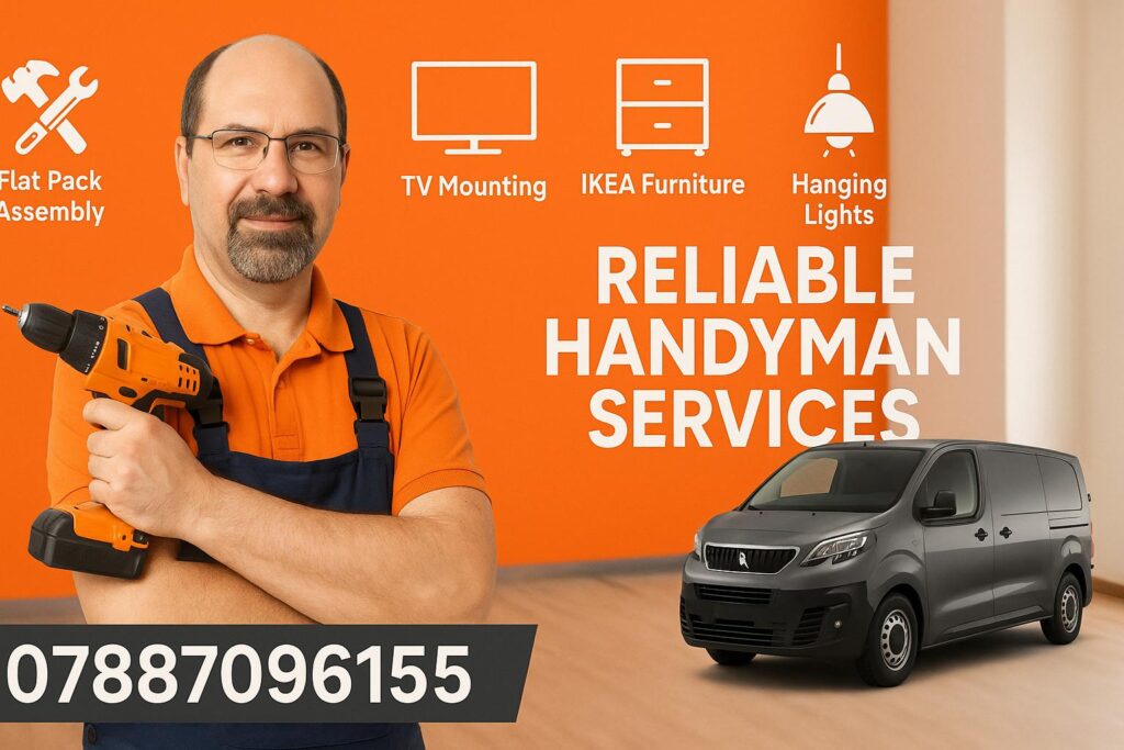Friendly handyman holding a power drill, standing in front of an orange wall with icons of flat pack assembly, TV mounting, IKEA furniture, and light hanging services.