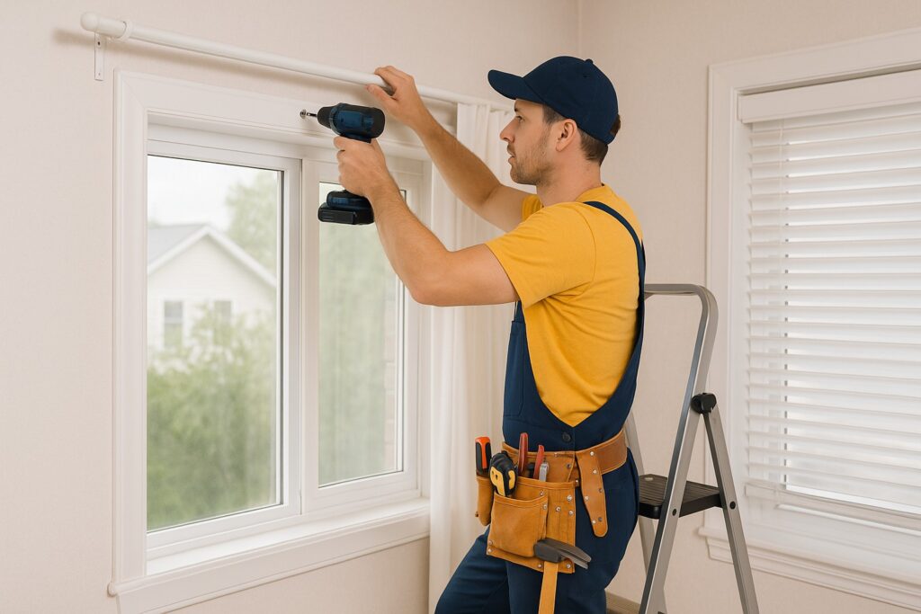 Handyman installing curtain rods and hanging blinds.