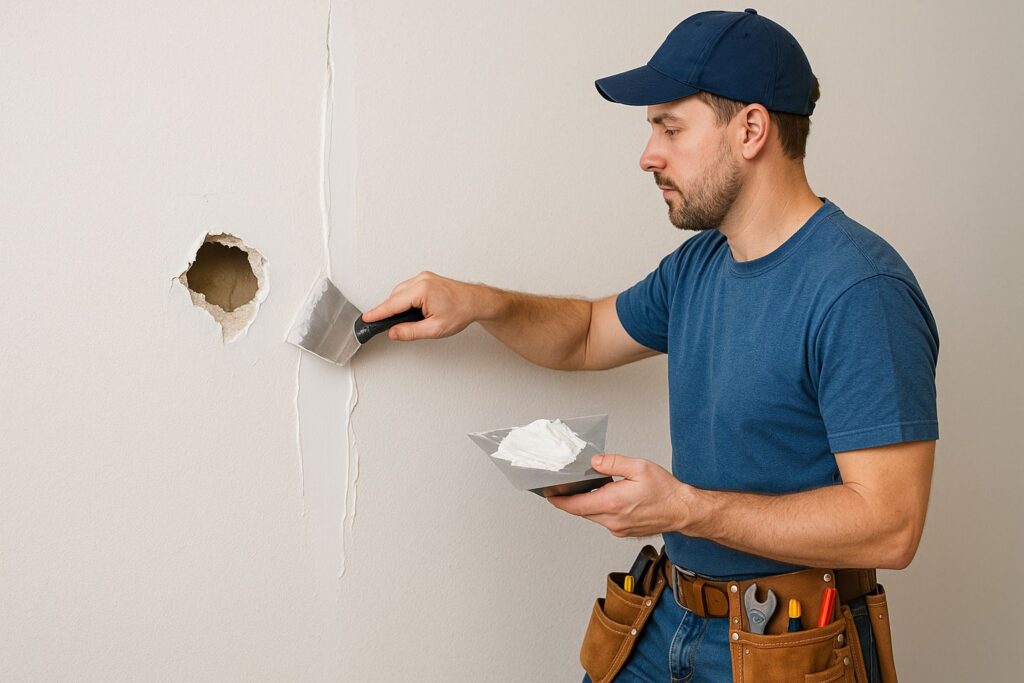Repairing damaged drywall with patch and joint compound.