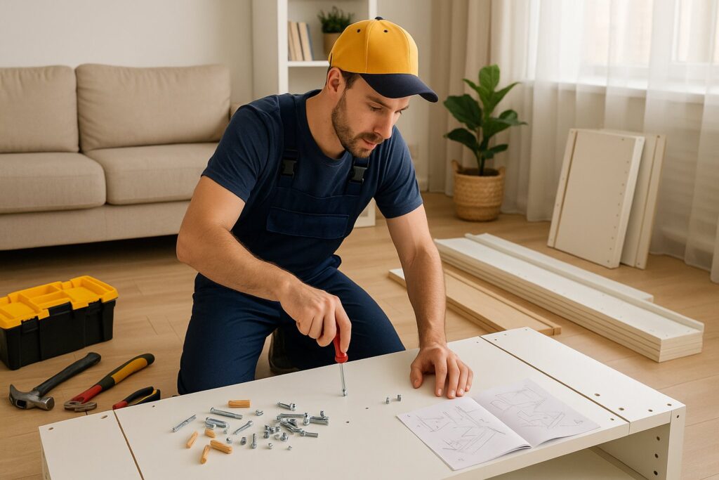 Handyman assembling flat-pack furniture with tools and instruction manual.