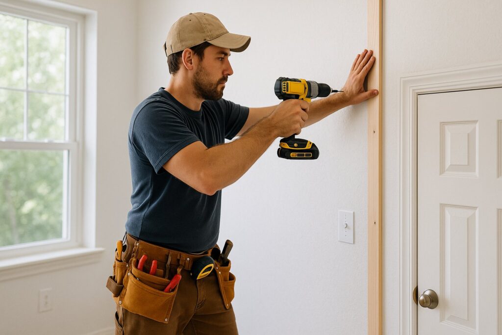 Installing decorative wall panels in a modern interior.