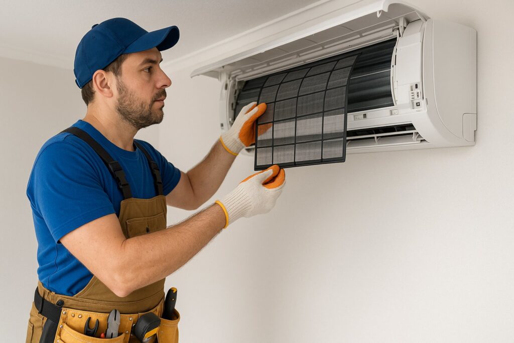 Replacing HVAC air filter in a residential unit.