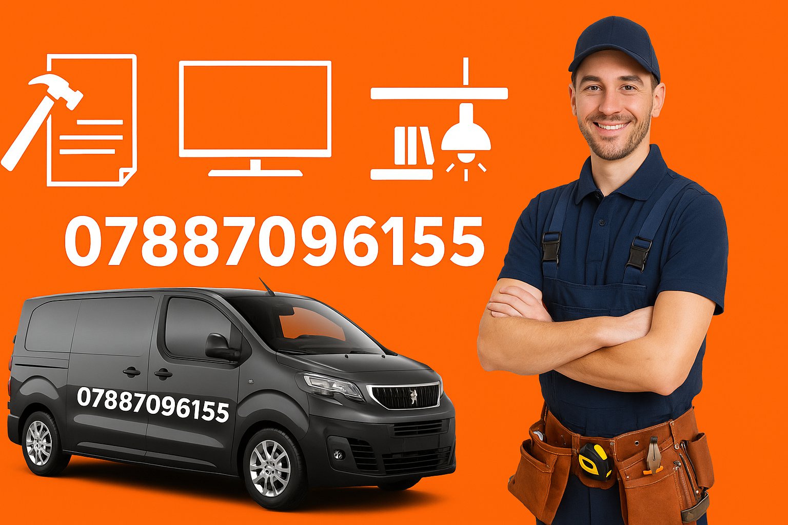 Friendly handyman holding a power drill, standing in front of an orange wall with icons of flat pack assembly, TV mounting, IKEA furniture, and light hanging services.