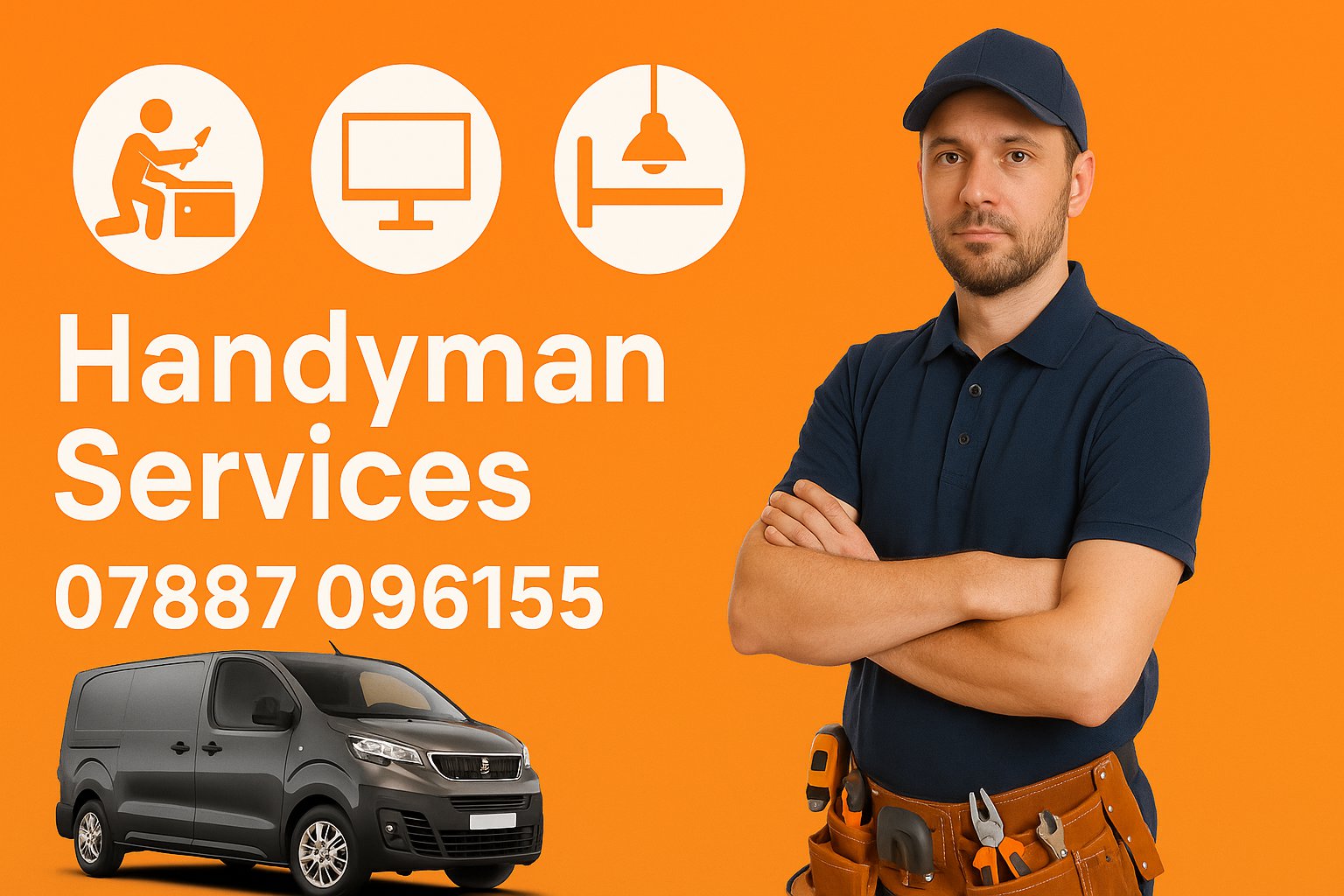 Friendly handyman holding a power drill, standing in front of an orange wall with icons of flat pack assembly, TV mounting, IKEA furniture, and light hanging services.