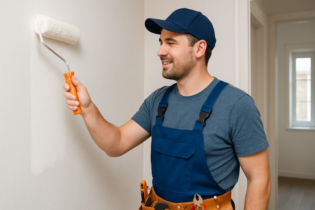Painter applying fresh coat of paint to interior and exterior house walls.