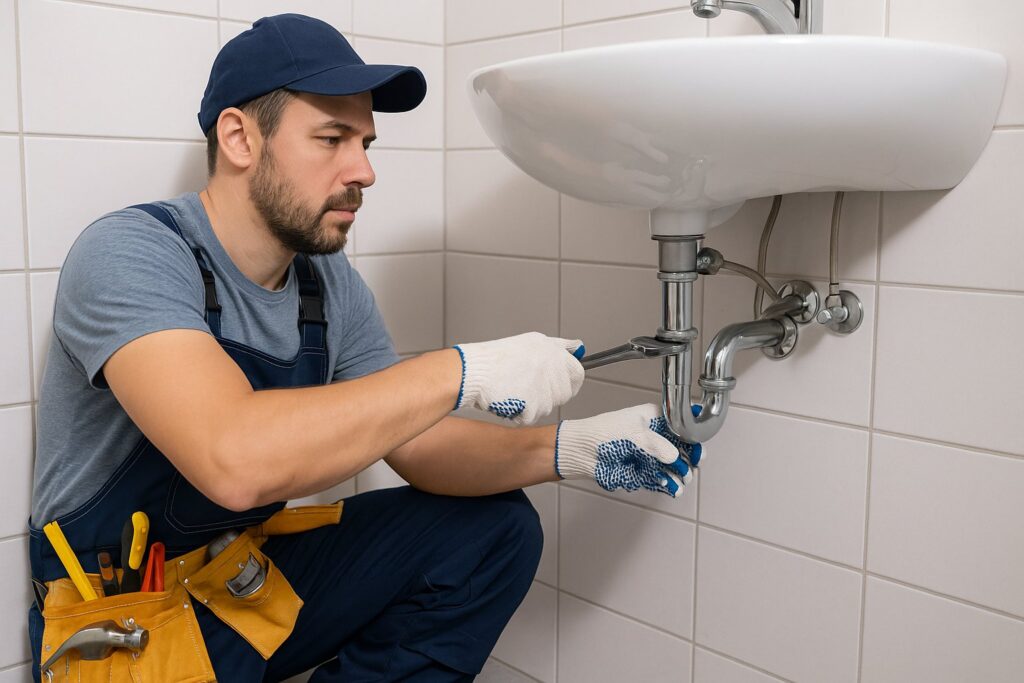 Fixing a leaking faucet and tightening pipe connections.