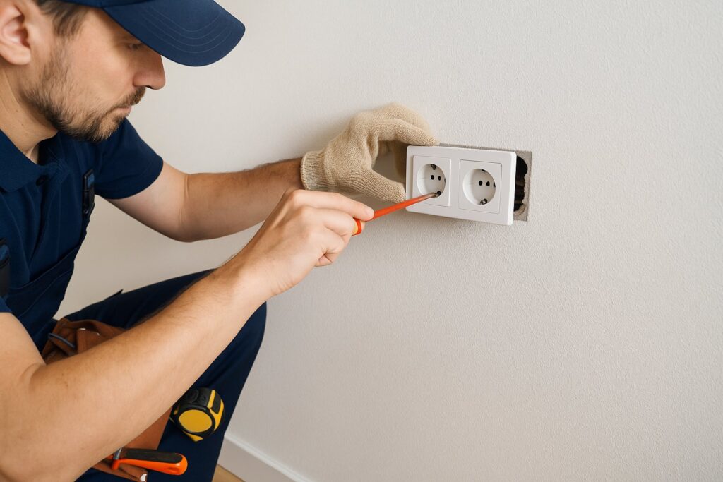 Electric socket being safely replaced by a technician.