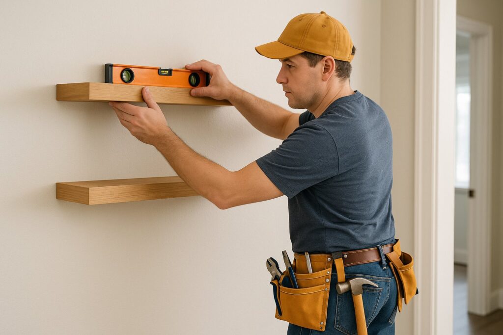 Floating shelves being installed on a wall using level and drill.