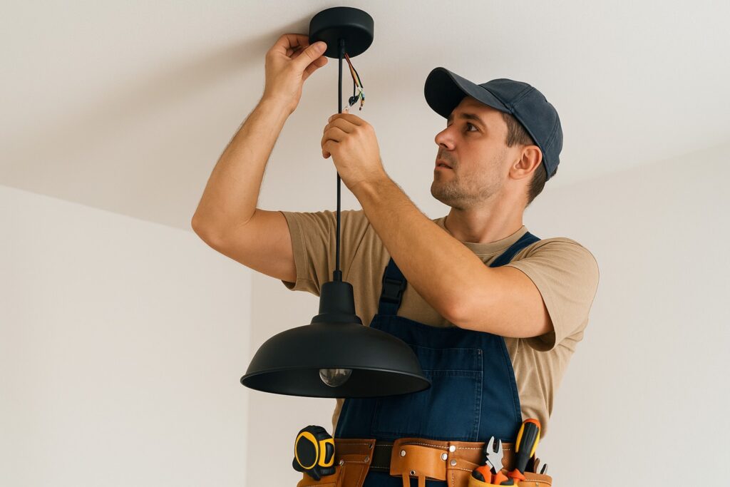 Electrician installing modern ceiling light fixture.