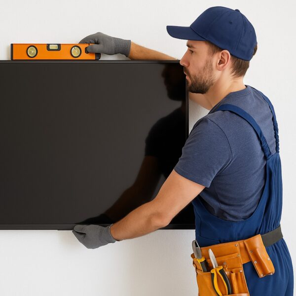Professional TV mounting service with hidden cables and wall-mounted flat screen.
