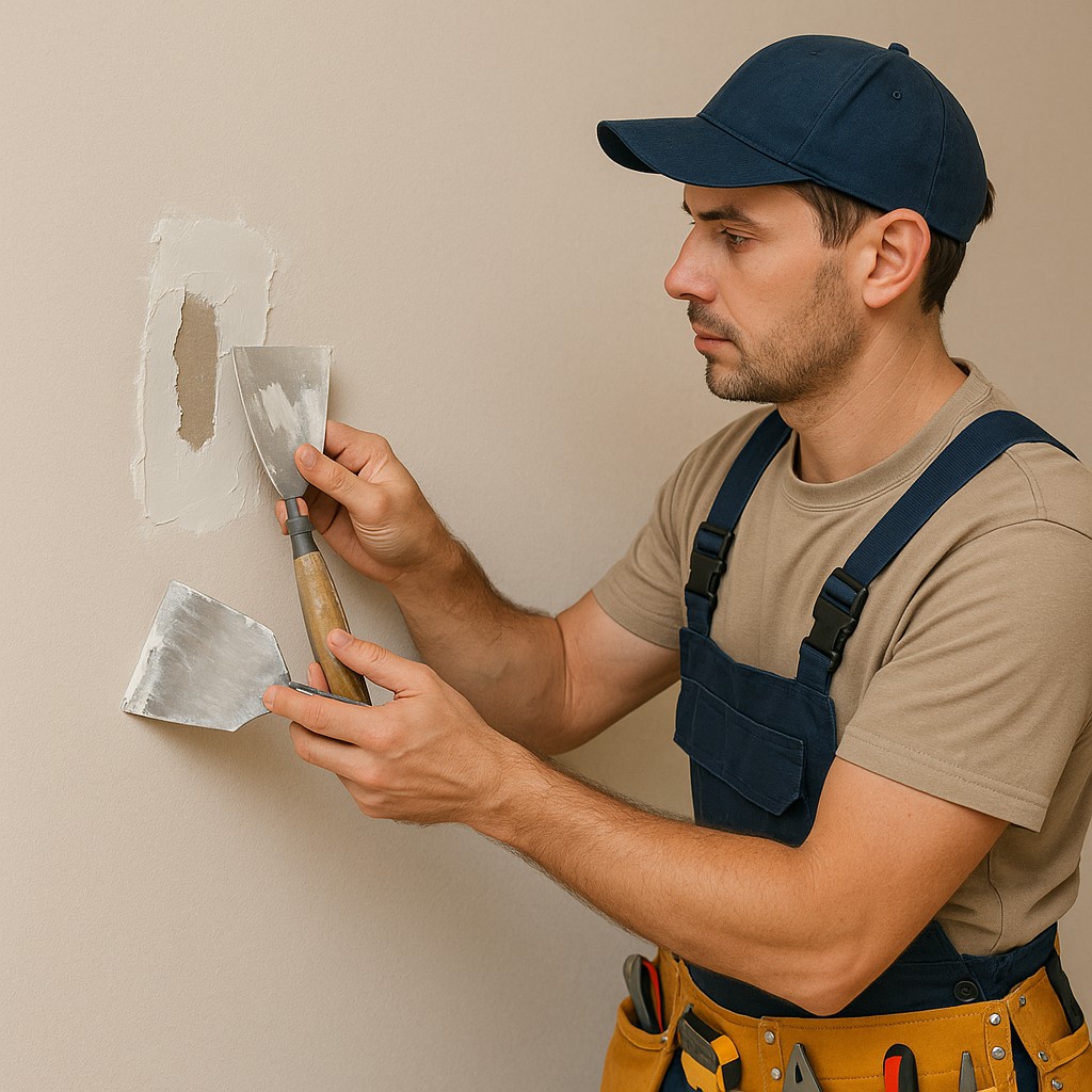 Repairing damaged drywall with patch and joint compound.