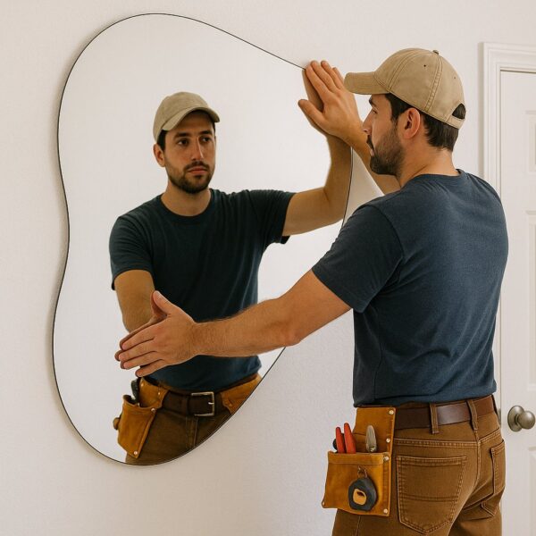 Mounted decorative mirror and photo frames on living room wall.