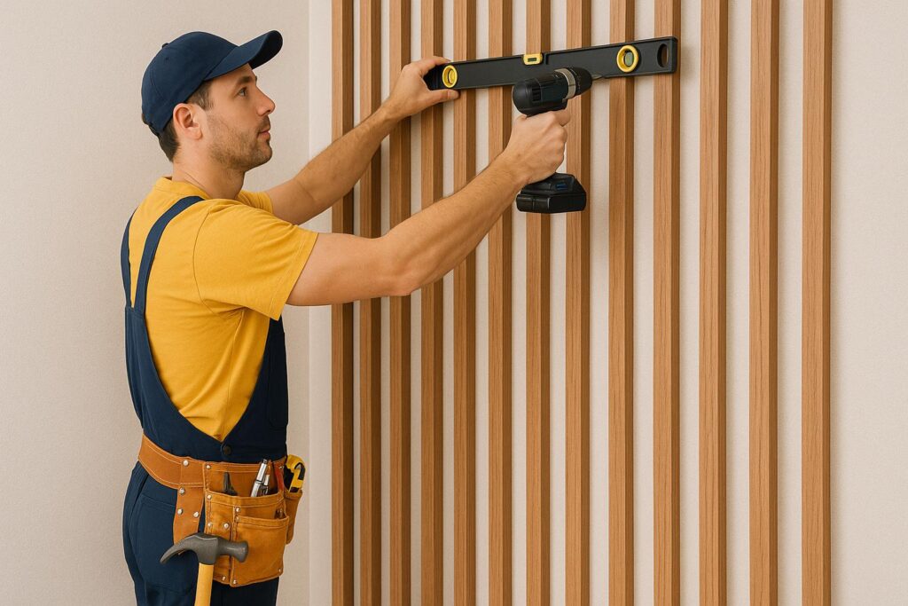 Installing decorative wall panels in a modern interior.