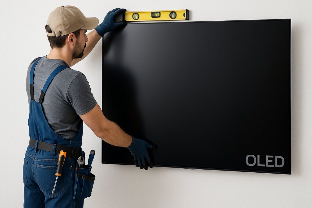 Professional TV mounting service with hidden cables and wall-mounted flat screen.