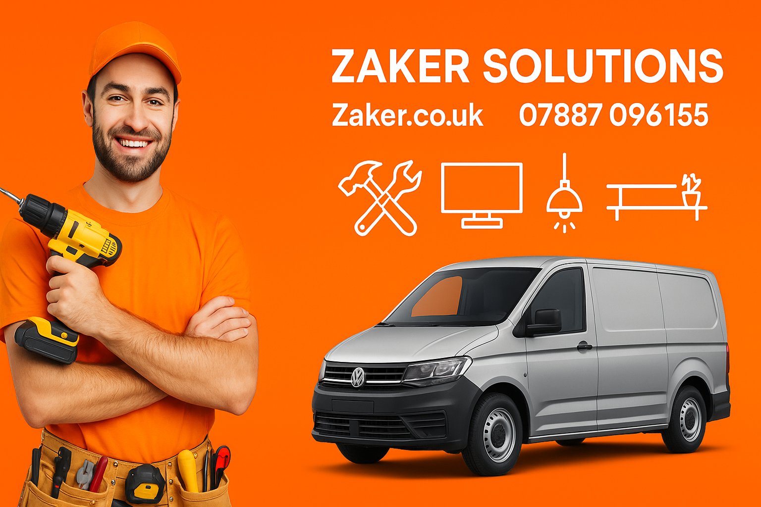 Handyman in orange uniform holding a power drill with a silver van beside him, service icons, and contact details for Zaker Solutions on an orange background.